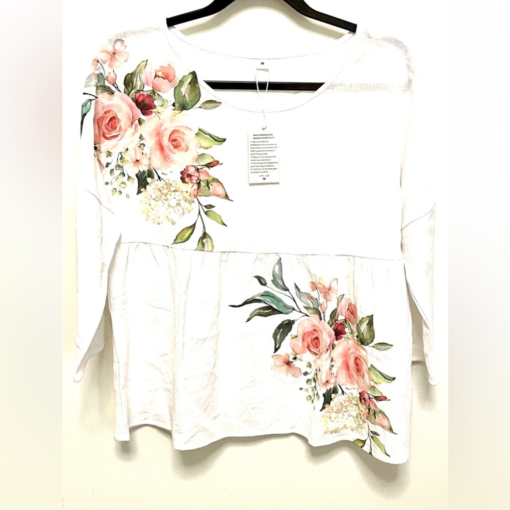 By Made With ❤️ Floral Wayercolor White Women's Top - Picture 2 of 12